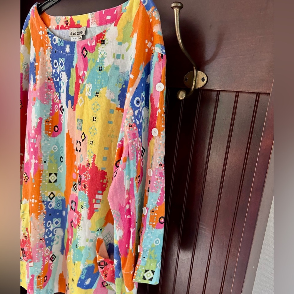 À LA CARTE Colorful Linen Abstract Print Tunic Top Boho Lagenlook Art to Wear XL - Picture 7 of 16